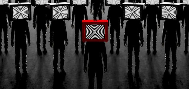 Digital art image of a group of shadowy figures with TVs for heads displaying a hypnotic pattern.