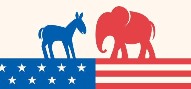 Icon of a red elephant looking at a blue donkey, placed on top of the American flag.